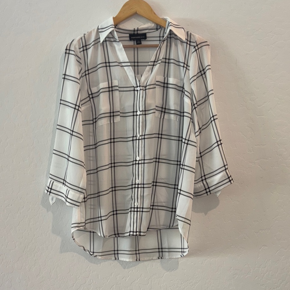 White and Black Windowpane Plaid Blouse